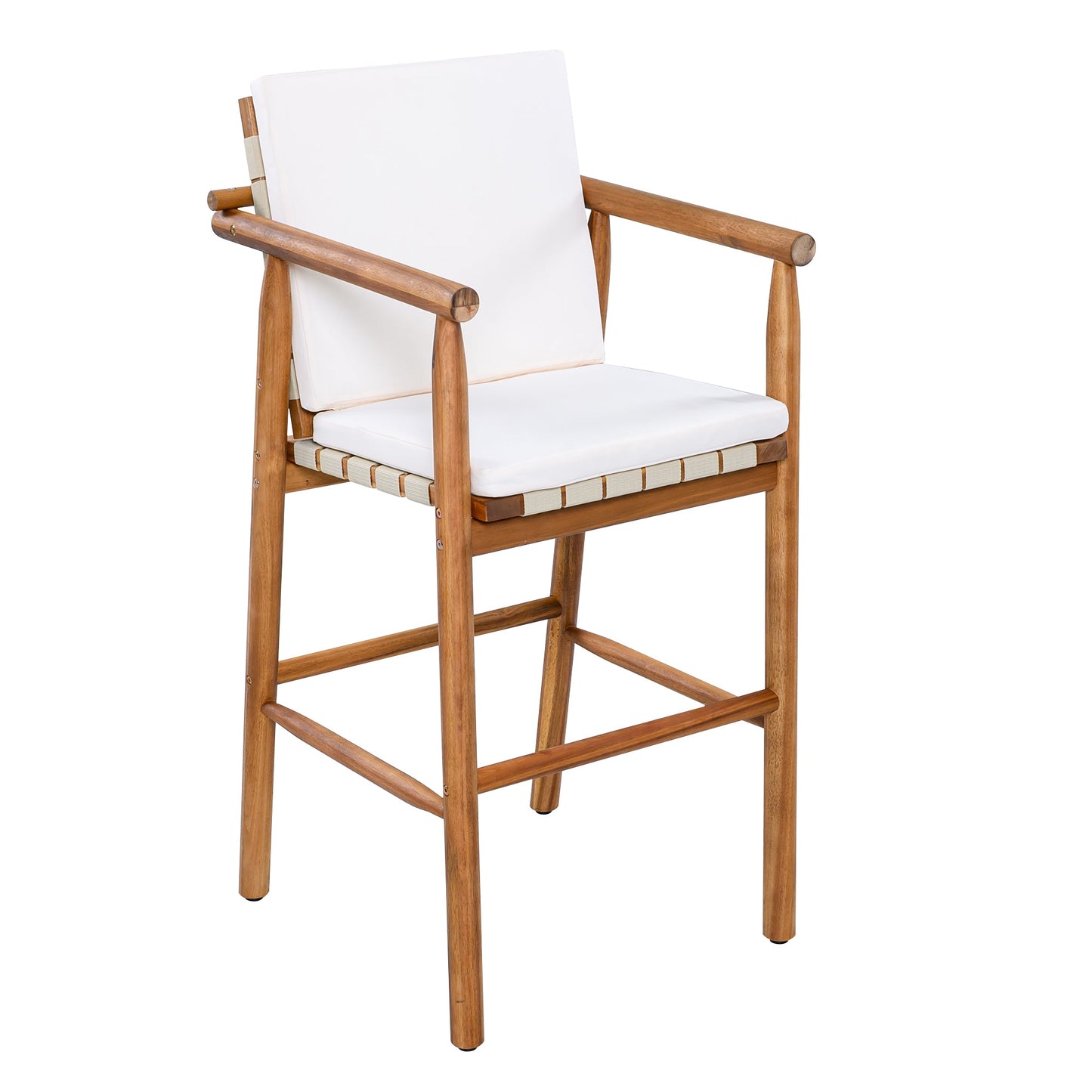 Outdoor Counter Height Bar Stools Chair Set of 2, Modern Patio Acacia Wooden Stools with Backrest Arm and Webbing Seat, for Patio, Pool, Garden, Beige Cushions Included - 1st Choice Furniture Direct
