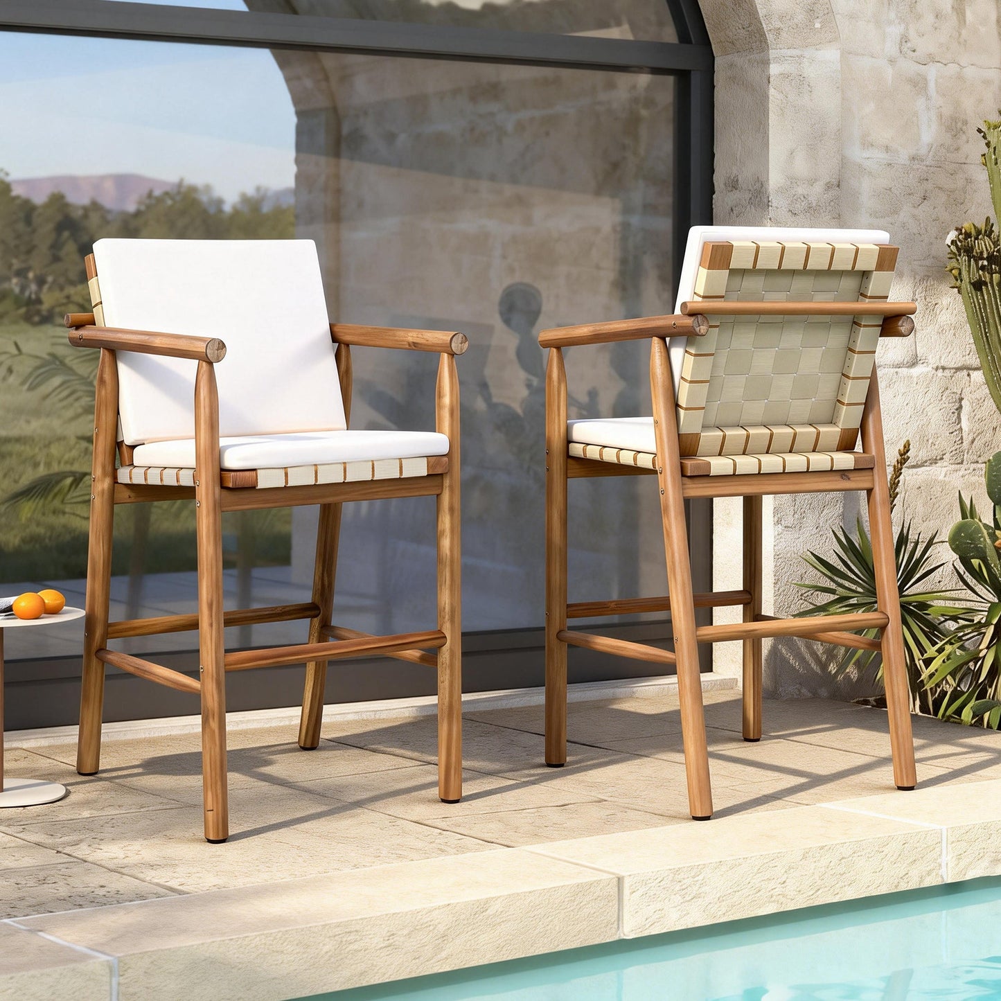 Outdoor Counter Height Bar Stools Chair Set of 2, Modern Patio Acacia Wooden Stools with Backrest Arm and Webbing Seat, for Patio, Pool, Garden, Beige Cushions Included - 1st Choice Furniture Direct