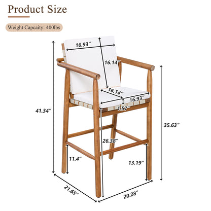 Outdoor Counter Height Bar Stools Chair Set of 2, Modern Patio Acacia Wooden Stools with Backrest Arm and Webbing Seat, for Patio, Pool, Garden, Beige Cushions Included - 1st Choice Furniture Direct