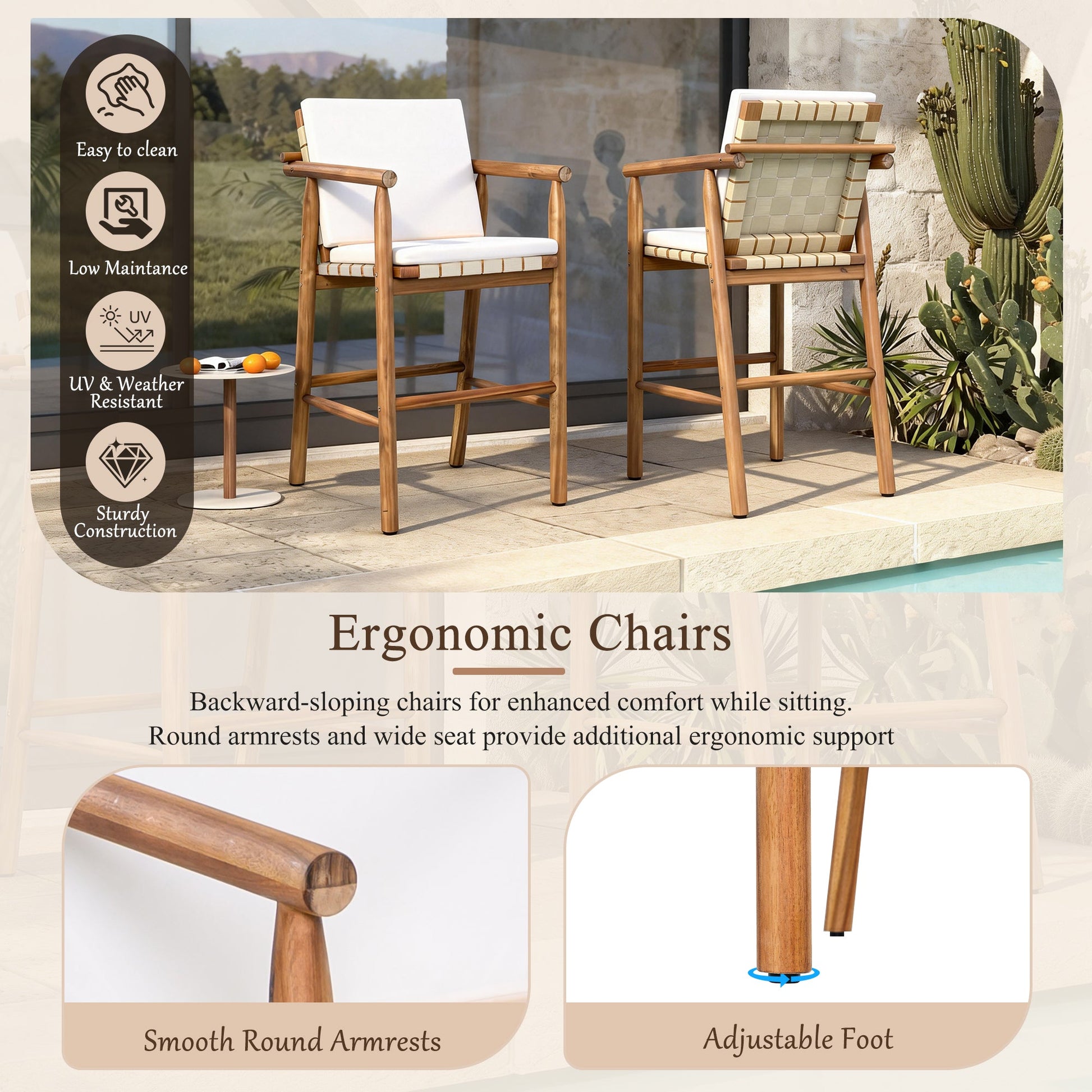 Outdoor Counter Height Bar Stools Chair Set of 2, Modern Patio Acacia Wooden Stools with Backrest Arm and Webbing Seat, for Patio, Pool, Garden, Beige Cushions Included - 1st Choice Furniture Direct