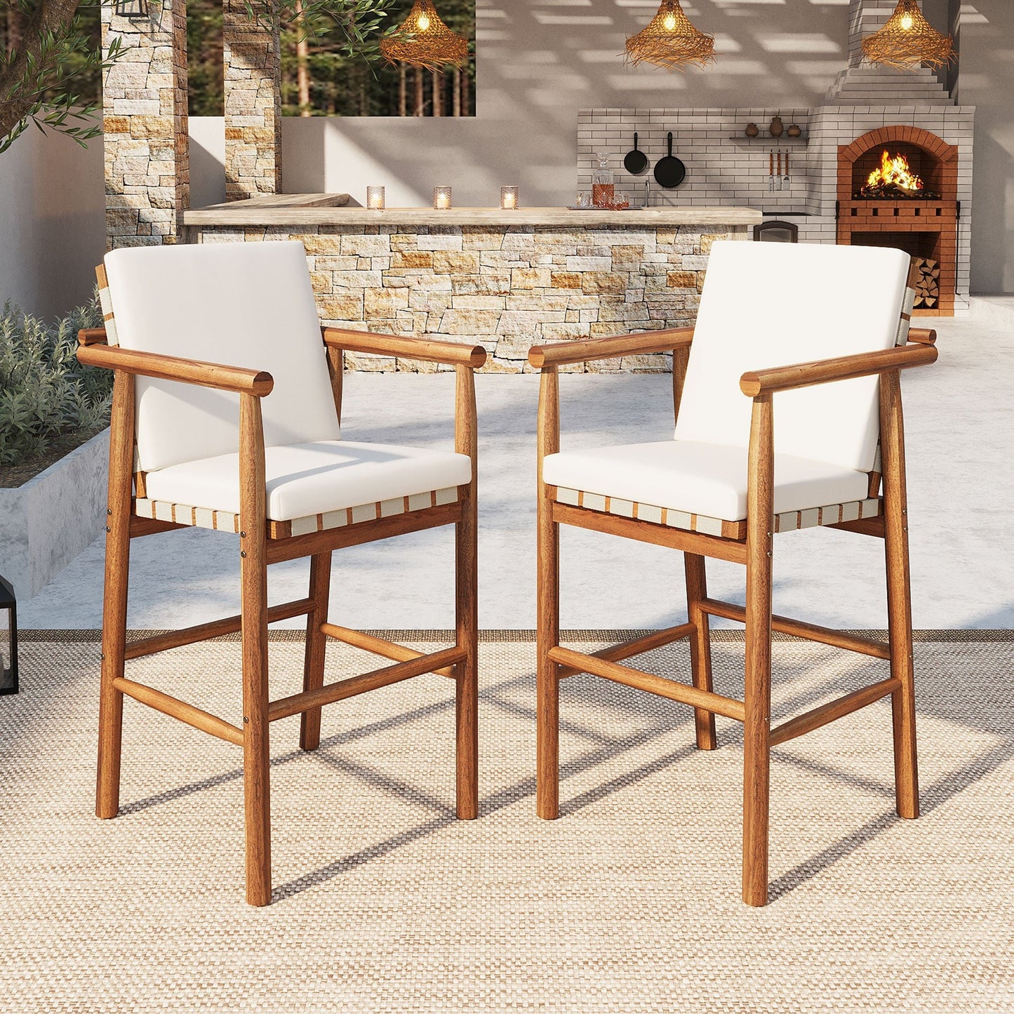 Outdoor Counter Height Bar Stools Chair Set of 2, Modern Patio Acacia Wooden Stools with Backrest Arm and Webbing Seat, for Patio, Pool, Garden, Beige Cushions Included - 1st Choice Furniture Direct