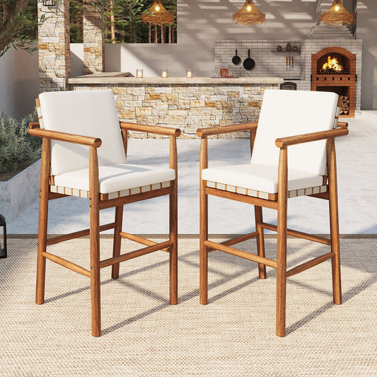 Outdoor Counter Height Bar Stools Chair Set of 2, Modern Patio Acacia Wooden Stools with Backrest Arm and Webbing Seat, for Patio, Pool, Garden, Beige Cushions Included - 1st Choice Furniture Direct