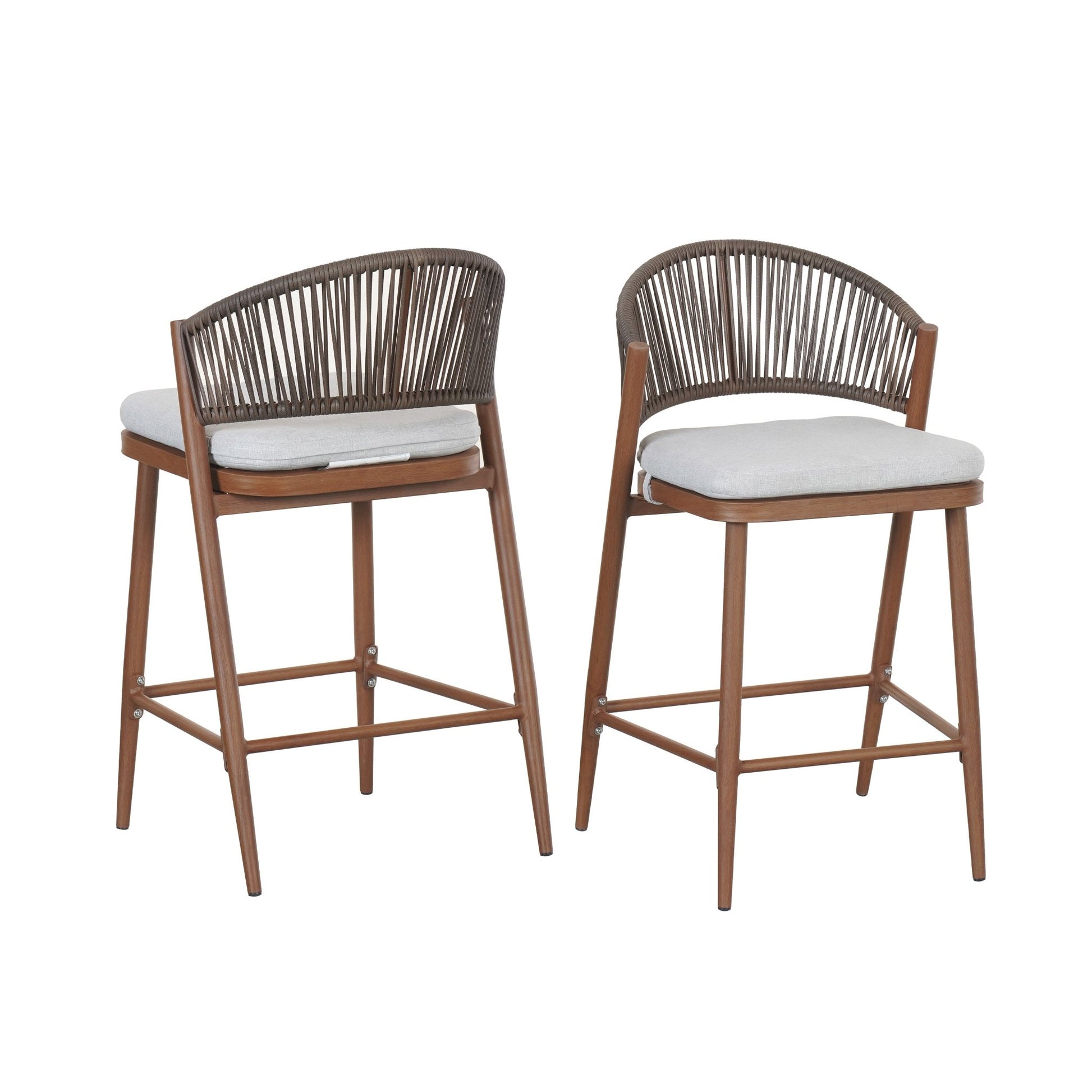 Outdoor Counter Stools Set of 2 – Wicker Teak Finish Aluminum Patio Chairs with Cushions - 1st Choice Furniture Direct