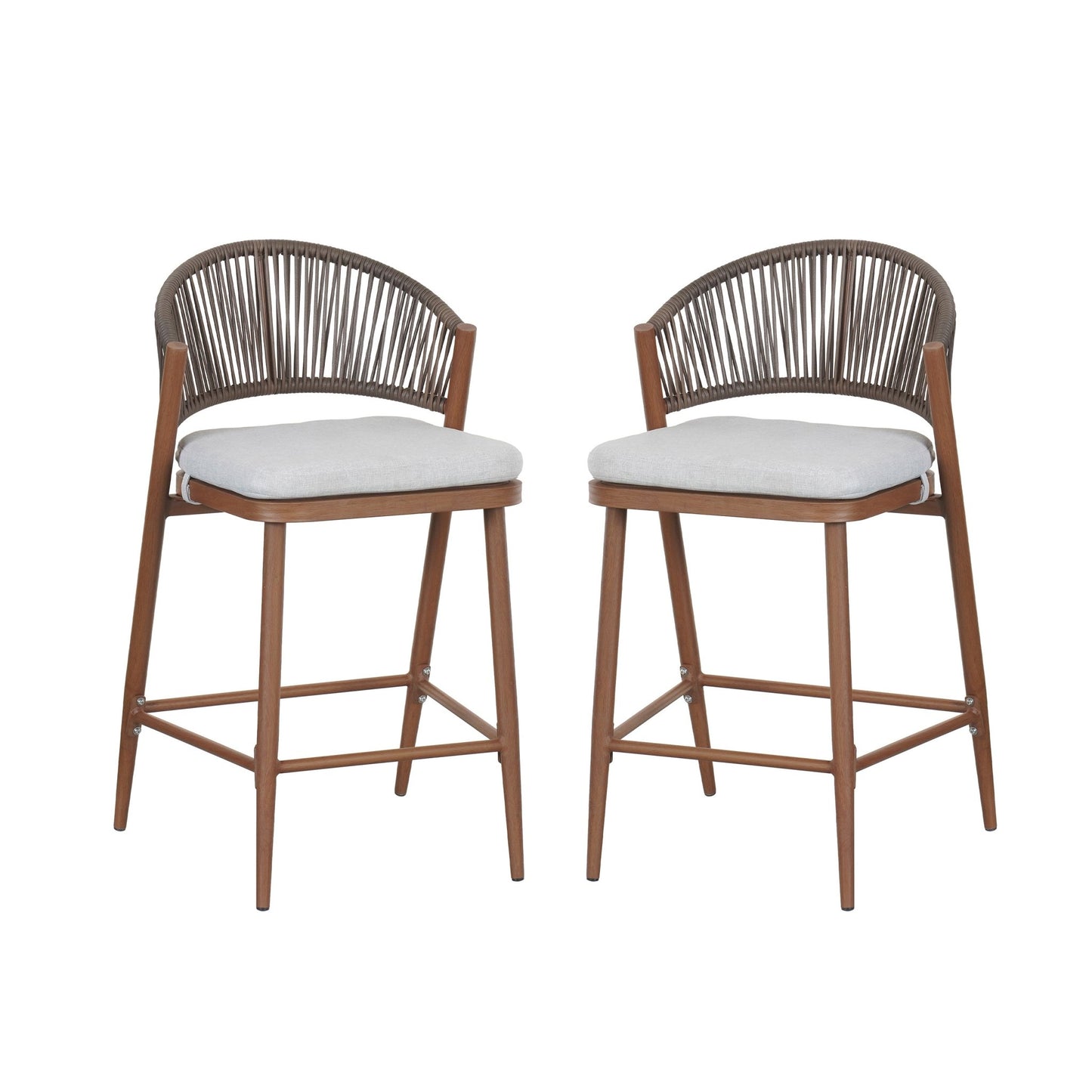 Outdoor Counter Stools Set of 2 – Wicker Teak Finish Aluminum Patio Chairs with Cushions - 1st Choice Furniture Direct