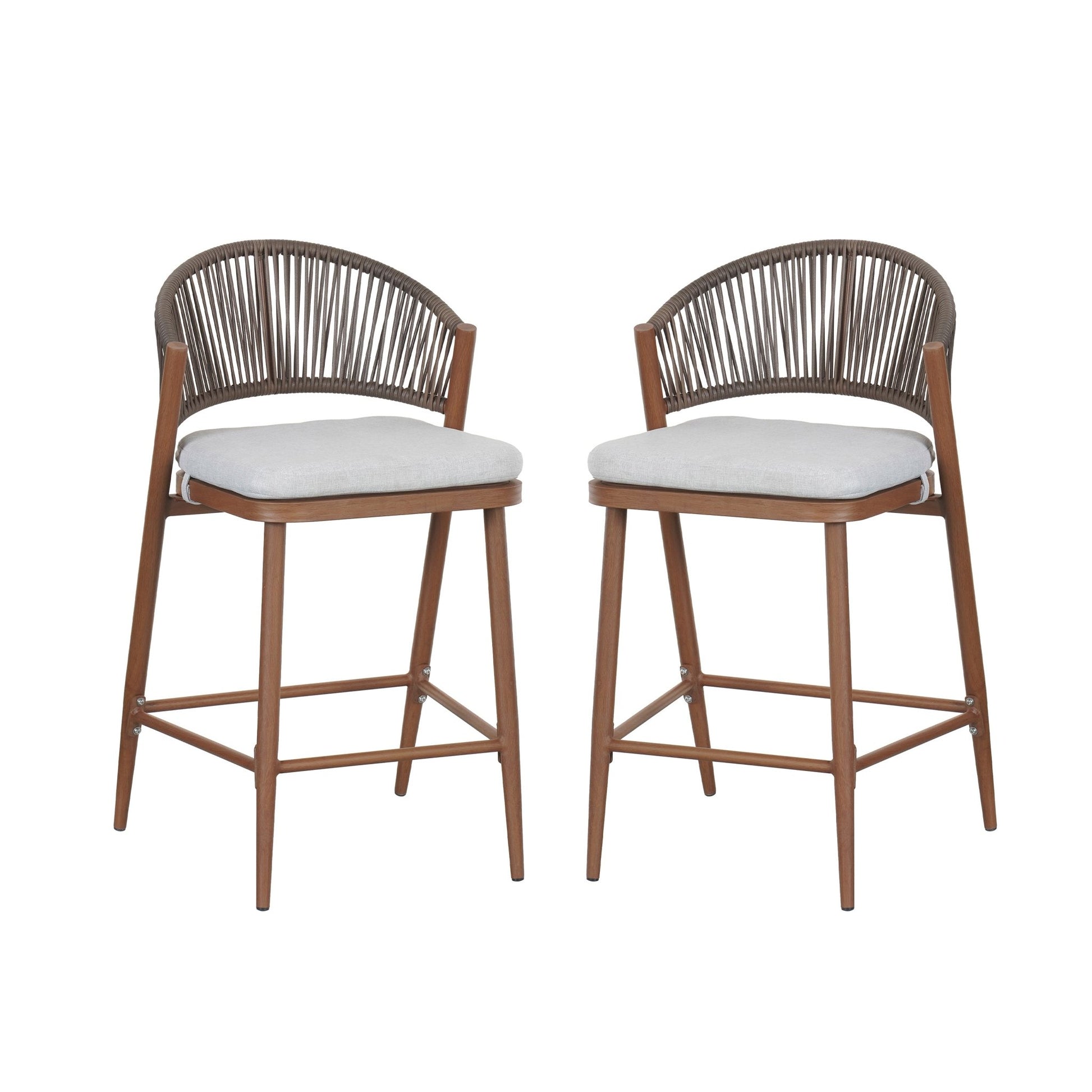 Outdoor Counter Stools Set of 2 – Wicker Teak Finish Aluminum Patio Chairs with Cushions - 1st Choice Furniture Direct