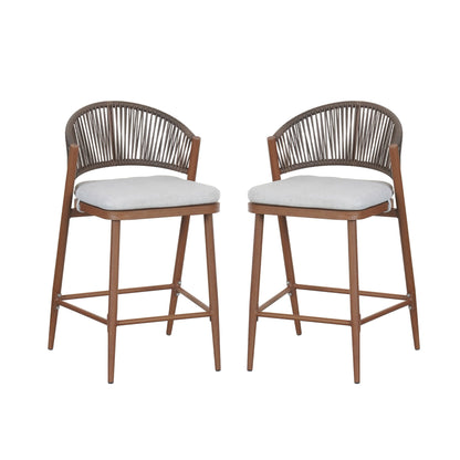 Outdoor Counter Stools Set of 2 – Wicker Teak Finish Aluminum Patio Chairs with Cushions - 1st Choice Furniture Direct