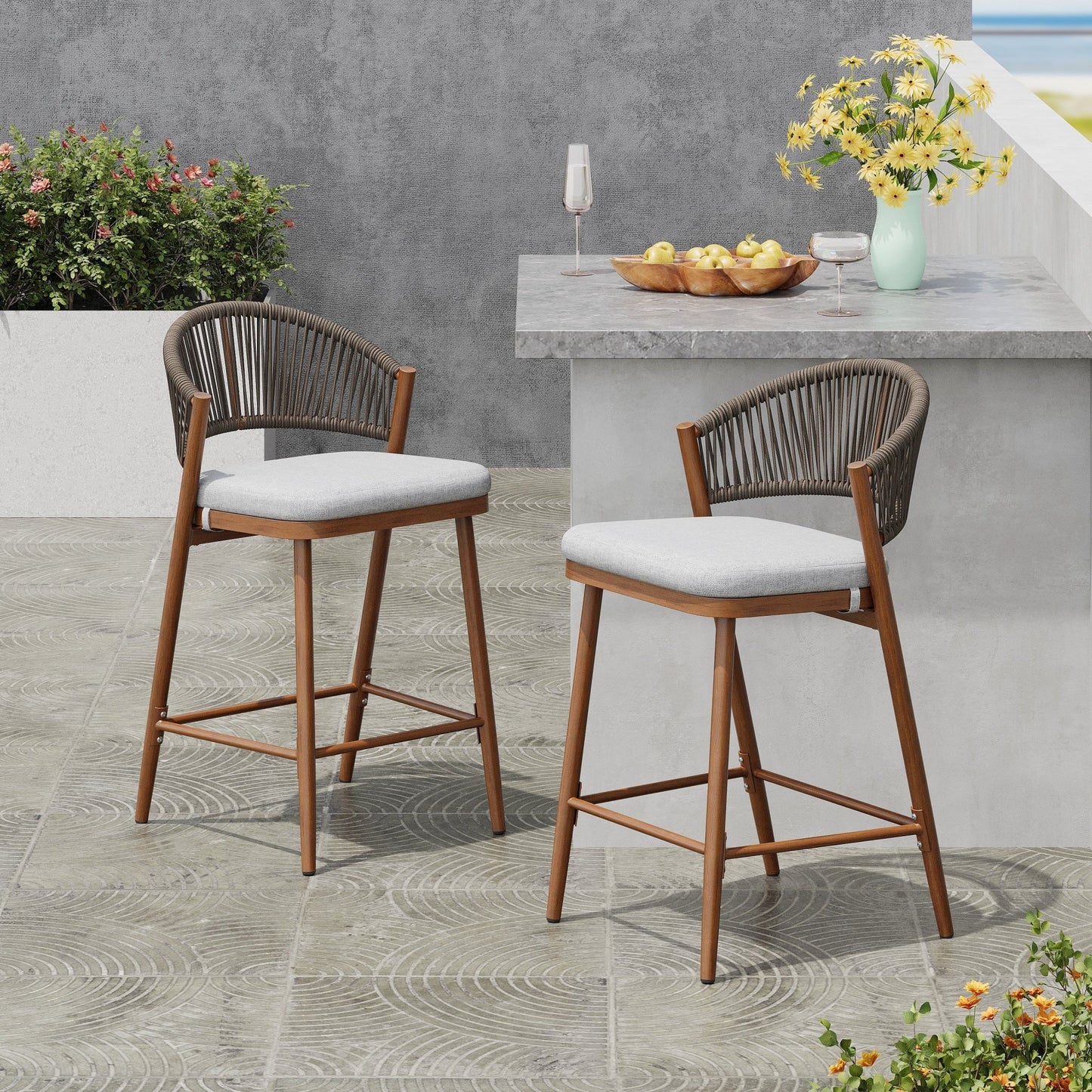 Outdoor Counter Stools Set of 2 – Wicker Teak Finish Aluminum Patio Chairs with Cushions - 1st Choice Furniture Direct