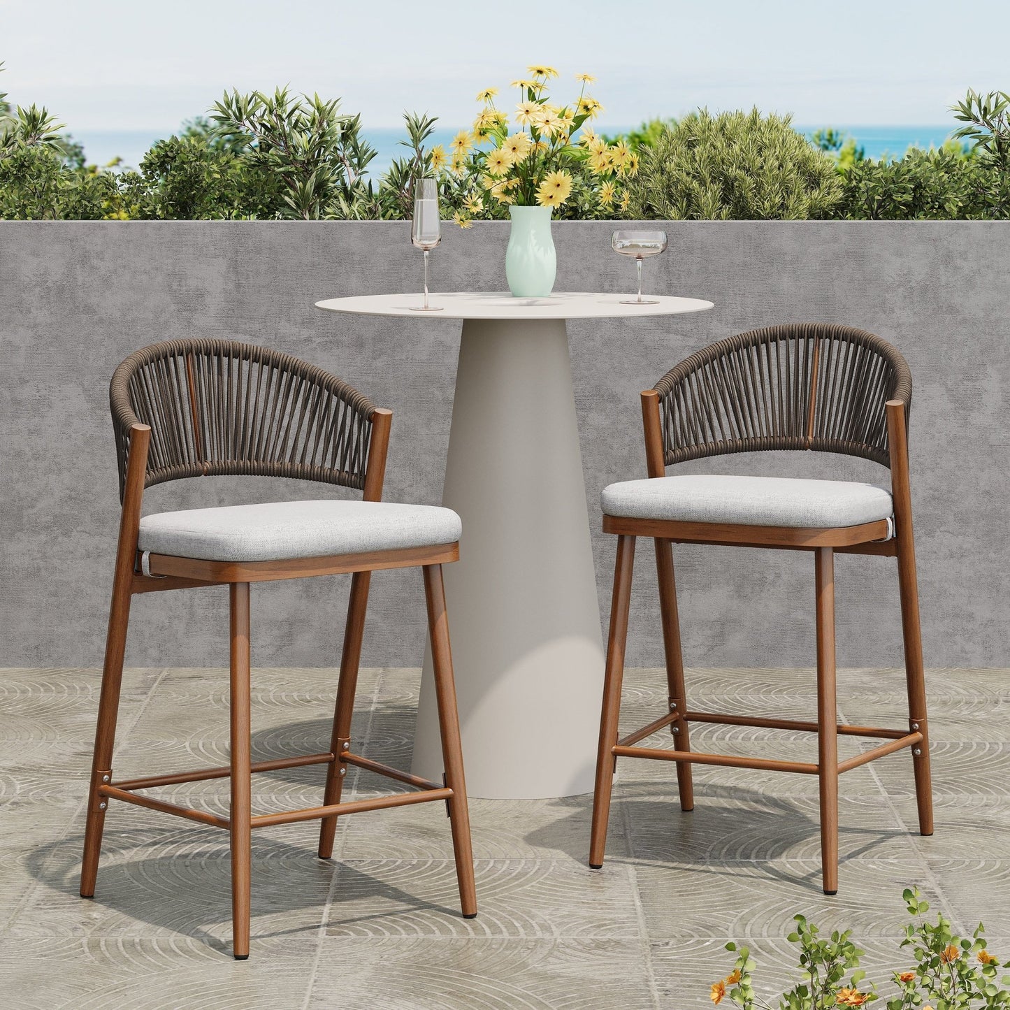 Outdoor Counter Stools Set of 2 – Wicker Teak Finish Aluminum Patio Chairs with Cushions - 1st Choice Furniture Direct