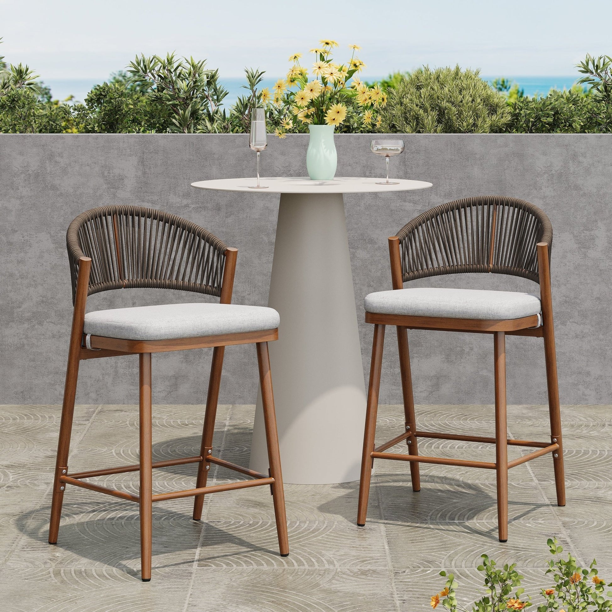Outdoor Counter Stools Set of 2 – Wicker Teak Finish Aluminum Patio Chairs with Cushions - 1st Choice Furniture Direct