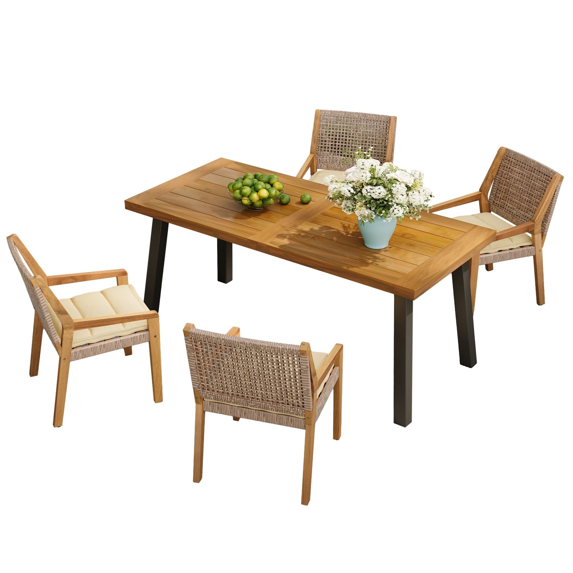 Outdoor Dining Set – Premium Acacia Wood Della Table & Wicker Chairs with Cream Cushion for Comfortable Dining Experience,Suitable for large gatherings(1 Table + 4 Chairs) - 1st Choice Furniture Direct