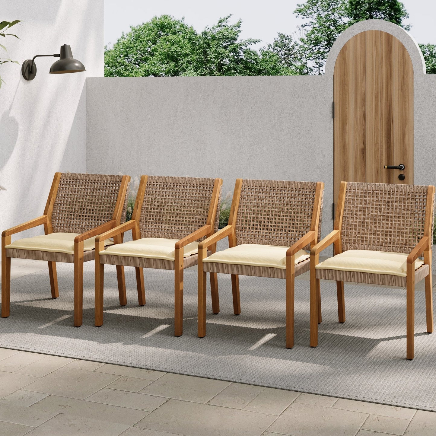 Outdoor Dining Set – Premium Acacia Wood Della Table & Wicker Chairs with Cream Cushion for Comfortable Dining Experience,Suitable for large gatherings(1 Table + 4 Chairs) - 1st Choice Furniture Direct