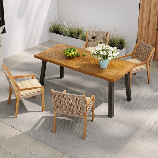 Outdoor Dining Set – Premium Acacia Wood Della Table & Wicker Chairs with Cream Cushion for Comfortable Dining Experience,Suitable for large gatherings(1 Table + 4 Chairs) - 1st Choice Furniture Direct