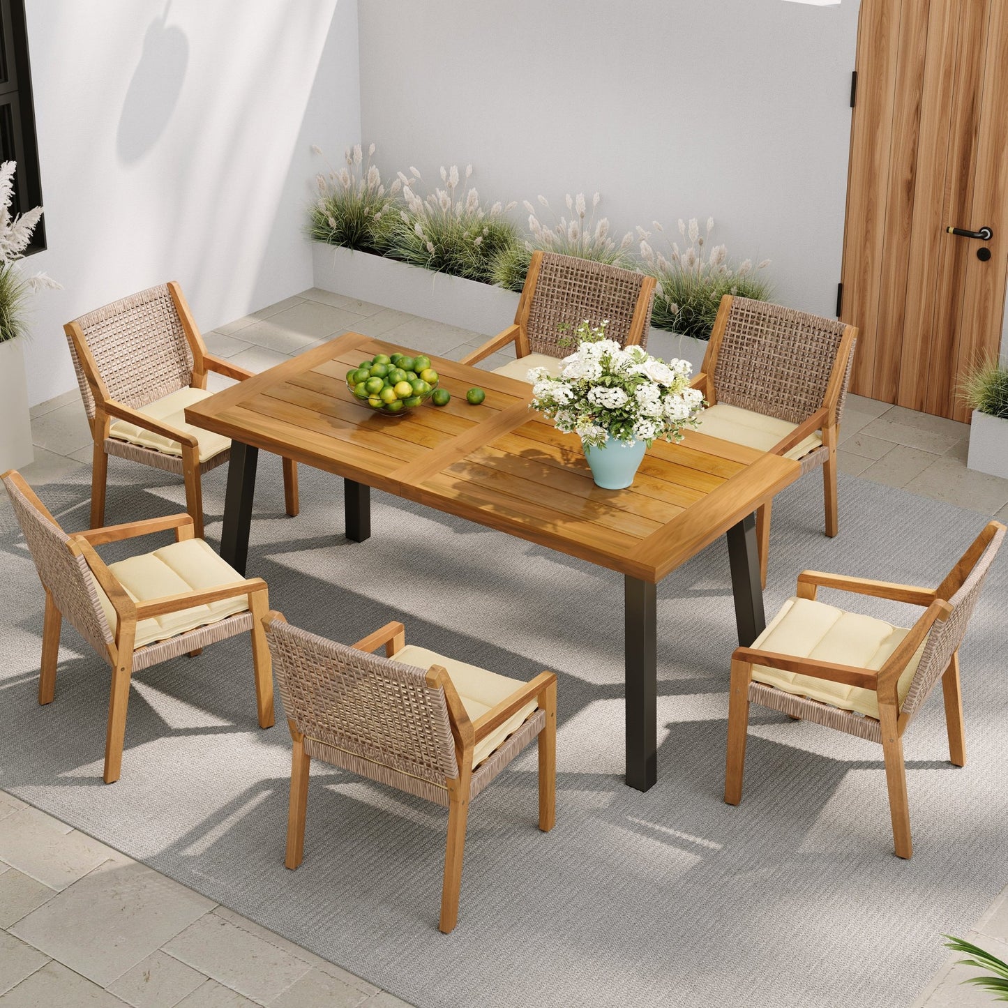 Outdoor Dining Set – Premium Acacia Wood Della Table & Wicker Chairs with Cream Cushion for Comfortable Dining Experience,Suitable for large gatherings(1 Table + 6 Chairs) - 1st Choice Furniture Direct