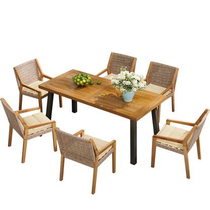 Outdoor Dining Set – Premium Acacia Wood Della Table & Wicker Chairs with Cream Cushion for Comfortable Dining Experience,Suitable for large gatherings(1 Table + 6 Chairs) - 1st Choice Furniture Direct