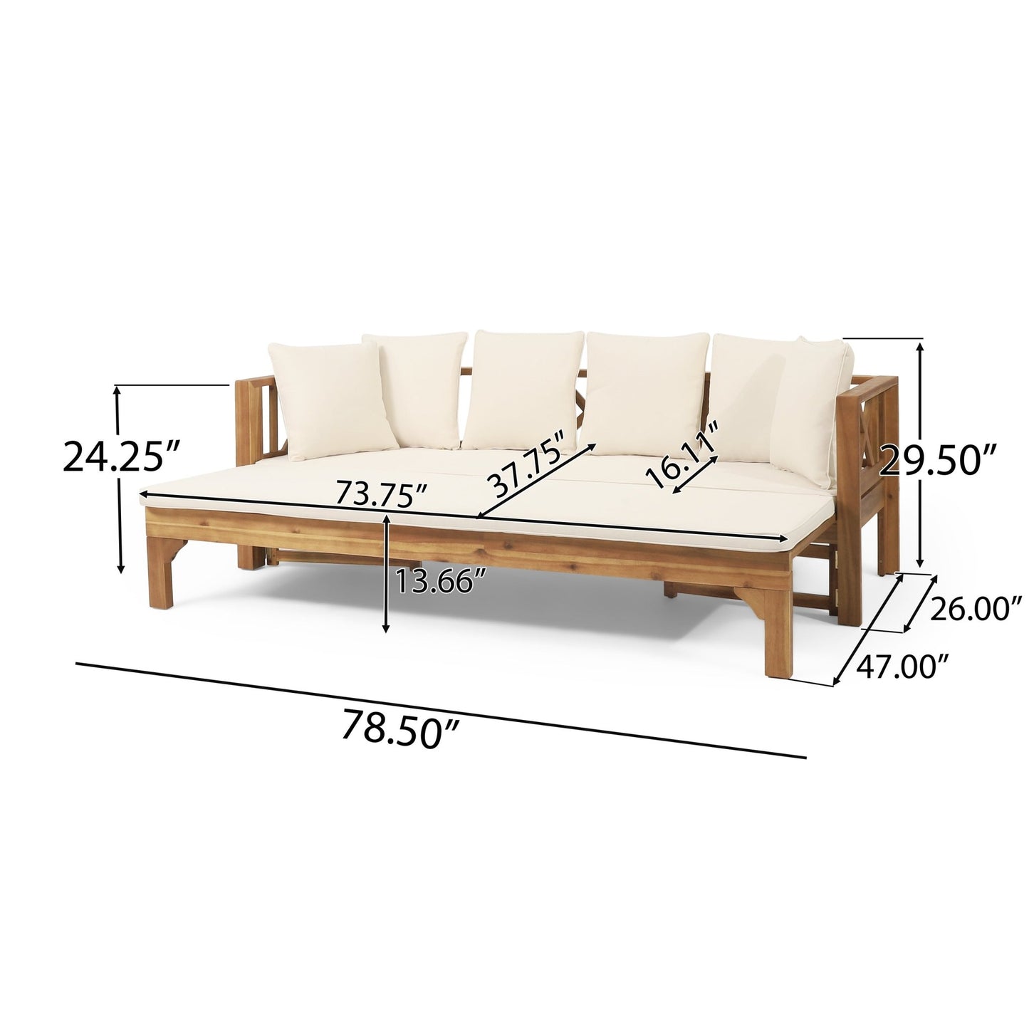 Outdoor Extendable Acacia Wood 3 Seater Sofa, Upholstered Cushion Couch, Daybed Sofa Chair, Spacious Seating Lounge Chair, Patio Daybed Sofa for Garden Yard - 1st Choice Furniture Direct