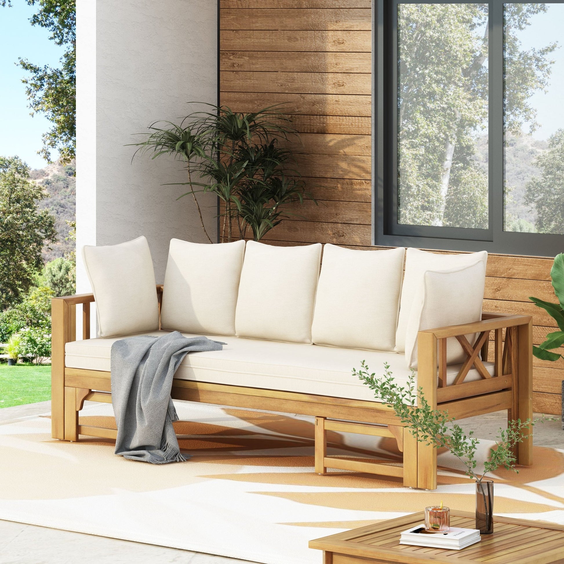 Outdoor Extendable Acacia Wood 3 Seater Sofa, Upholstered Cushion Couch, Daybed Sofa Chair, Spacious Seating Lounge Chair, Patio Daybed Sofa for Garden Yard - 1st Choice Furniture Direct