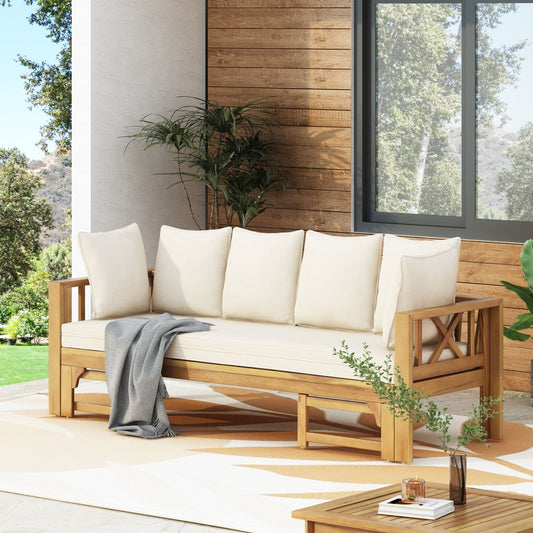 Outdoor Extendable Acacia Wood 3 Seater Sofa, Upholstered Cushion Couch, Daybed Sofa Chair, Spacious Seating Lounge Chair, Patio Daybed Sofa for Garden Yard - 1st Choice Furniture Direct