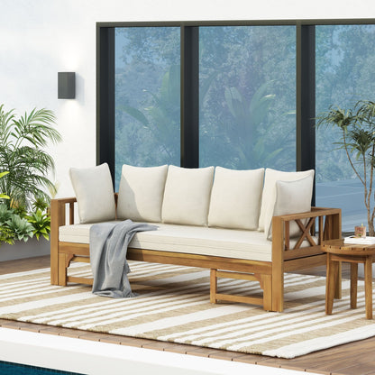Outdoor Extendable Acacia Wood 3 Seater Sofa, Upholstered Cushion Couch, Daybed Sofa Chair, Spacious Seating Lounge Chair, Patio Daybed Sofa for Garden Yard - 1st Choice Furniture Direct