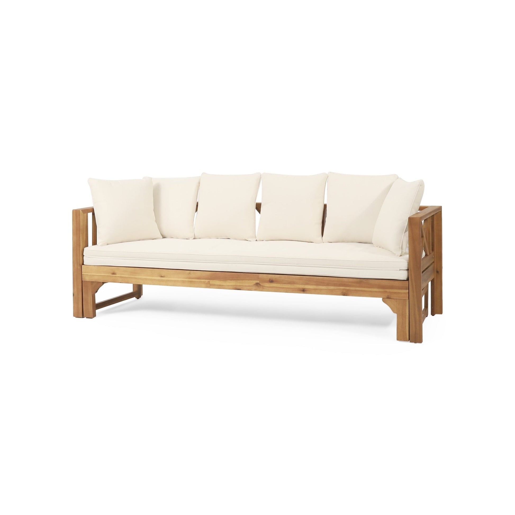 Outdoor Extendable Acacia Wood 3 Seater Sofa, Upholstered Cushion Couch, Daybed Sofa Chair, Spacious Seating Lounge Chair, Patio Daybed Sofa for Garden Yard - 1st Choice Furniture Direct