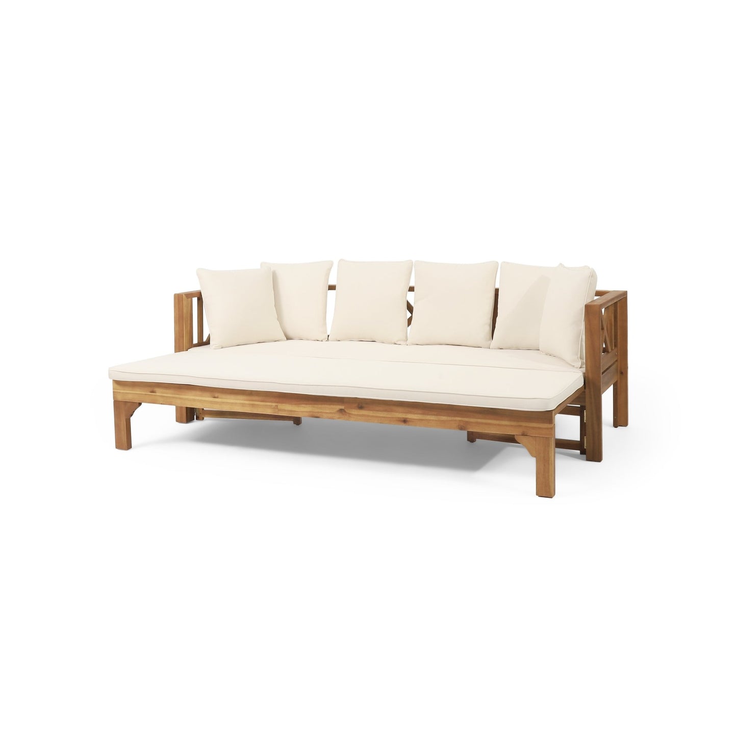 Outdoor Extendable Acacia Wood 3 Seater Sofa, Upholstered Cushion Couch, Daybed Sofa Chair, Spacious Seating Lounge Chair, Patio Daybed Sofa for Garden Yard - 1st Choice Furniture Direct