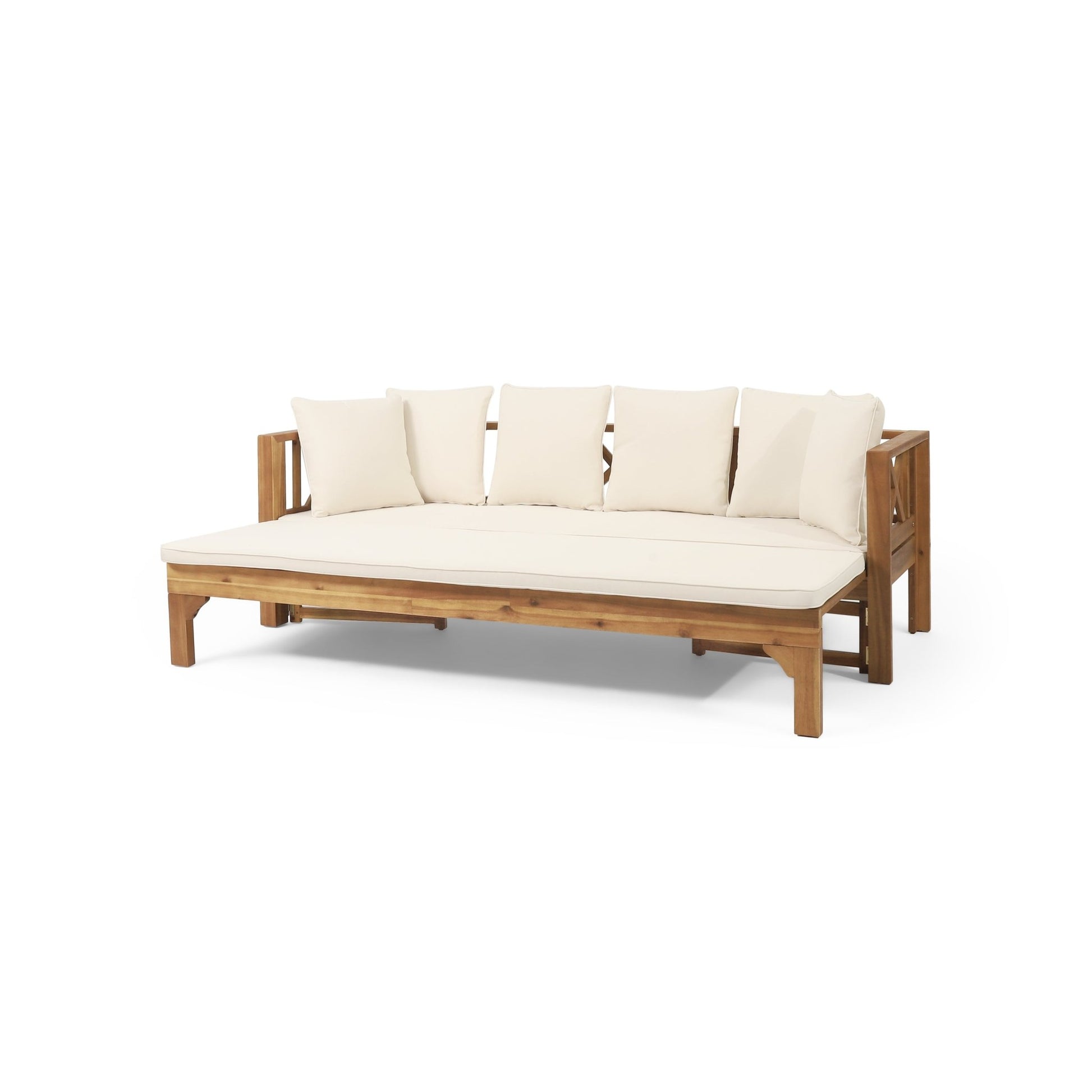 Outdoor Extendable Acacia Wood 3 Seater Sofa, Upholstered Cushion Couch, Daybed Sofa Chair, Spacious Seating Lounge Chair, Patio Daybed Sofa for Garden Yard - 1st Choice Furniture Direct