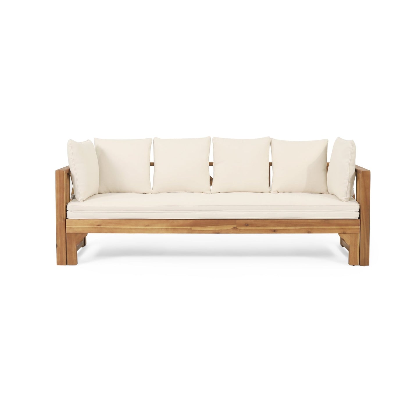 Outdoor Extendable Acacia Wood 3 Seater Sofa, Upholstered Cushion Couch, Daybed Sofa Chair, Spacious Seating Lounge Chair, Patio Daybed Sofa for Garden Yard - 1st Choice Furniture Direct