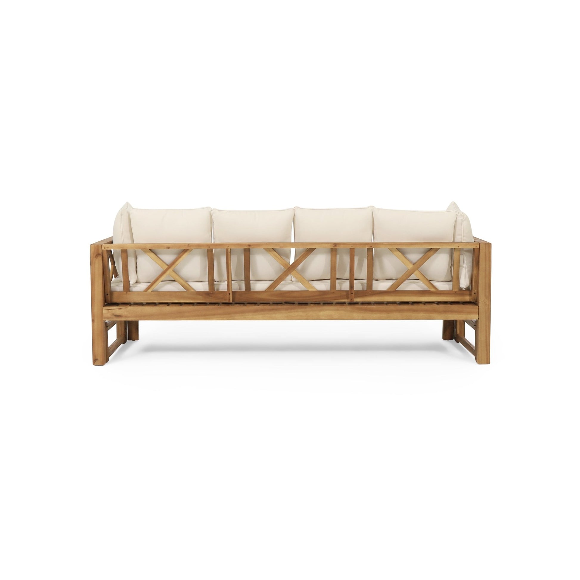 Outdoor Extendable Acacia Wood 3 Seater Sofa, Upholstered Cushion Couch, Daybed Sofa Chair, Spacious Seating Lounge Chair, Patio Daybed Sofa for Garden Yard - 1st Choice Furniture Direct