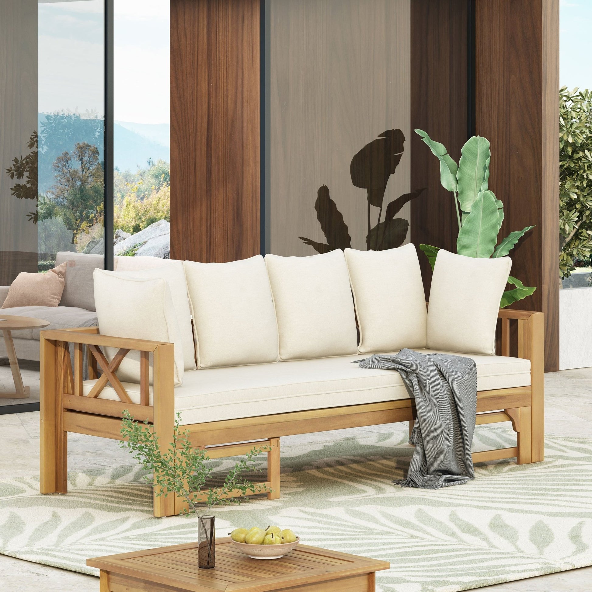 Outdoor Extendable Acacia Wood 3 Seater Sofa, Upholstered Cushion Couch, Daybed Sofa Chair, Spacious Seating Lounge Chair, Patio Daybed Sofa for Garden Yard - 1st Choice Furniture Direct