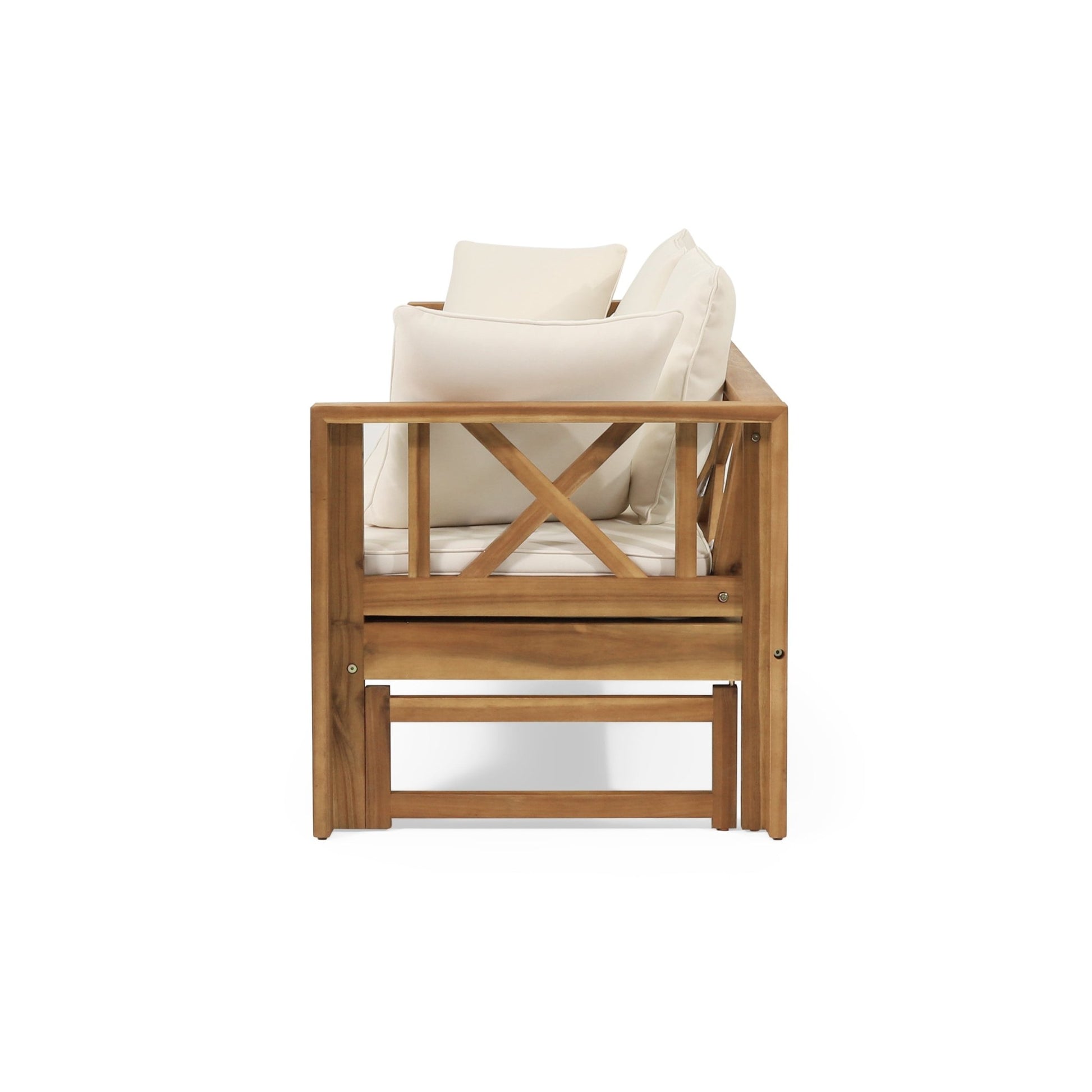 Outdoor Extendable Acacia Wood 3 Seater Sofa, Upholstered Cushion Couch, Daybed Sofa Chair, Spacious Seating Lounge Chair, Patio Daybed Sofa for Garden Yard - 1st Choice Furniture Direct