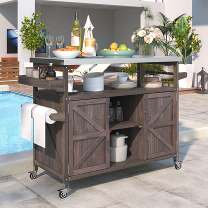 Outdoor Grill Cart with Stainless Steel Top – Rustic BBQ Kitchen Island on Wheels - 1st Choice Furniture Direct