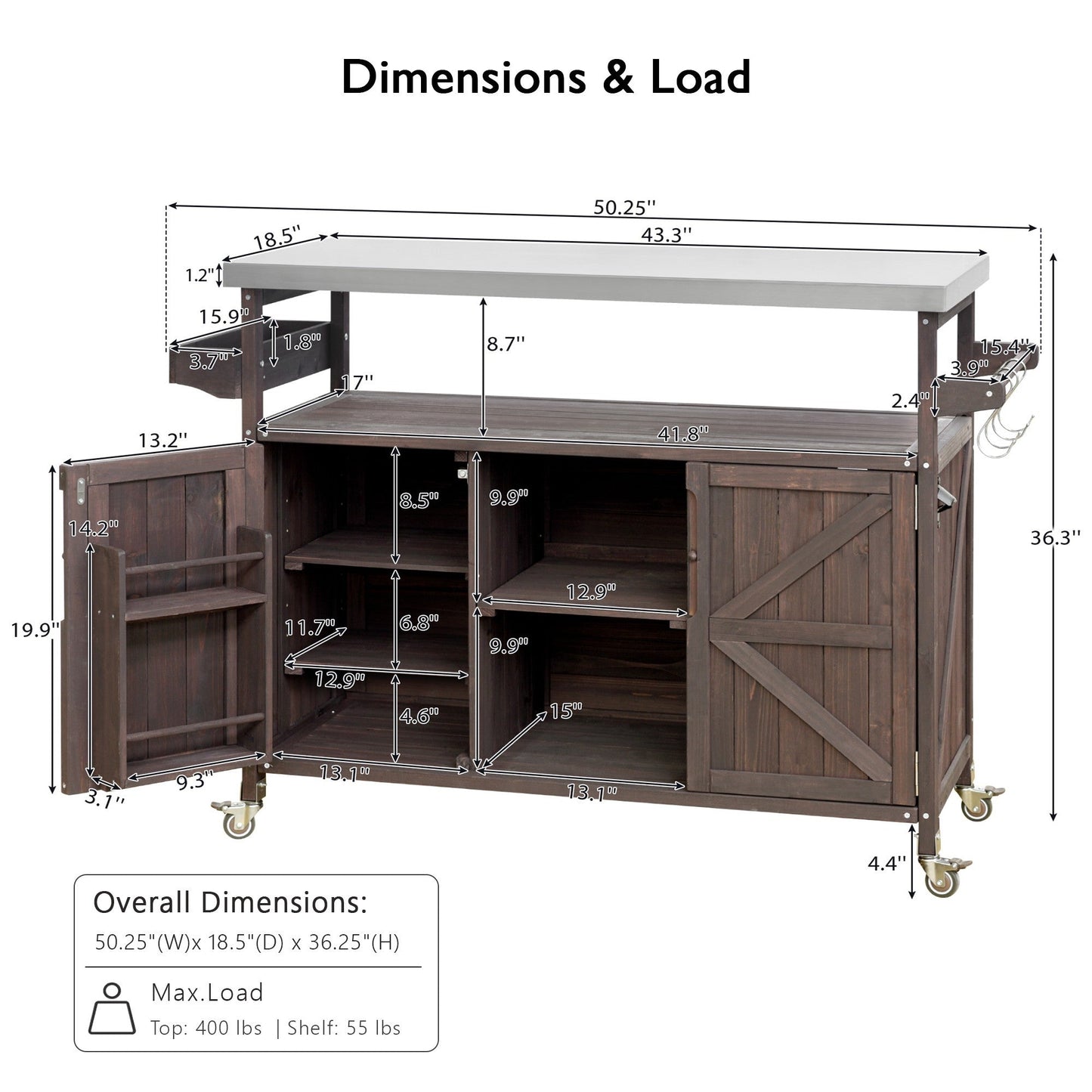Outdoor Grill Cart with Stainless Steel Top – Rustic BBQ Kitchen Island on Wheels - 1st Choice Furniture Direct