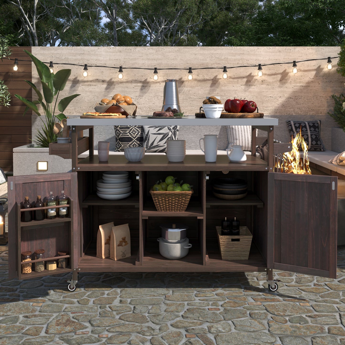 Outdoor Grill Cart with Stainless Steel Top – Rustic BBQ Kitchen Island on Wheels - 1st Choice Furniture Direct