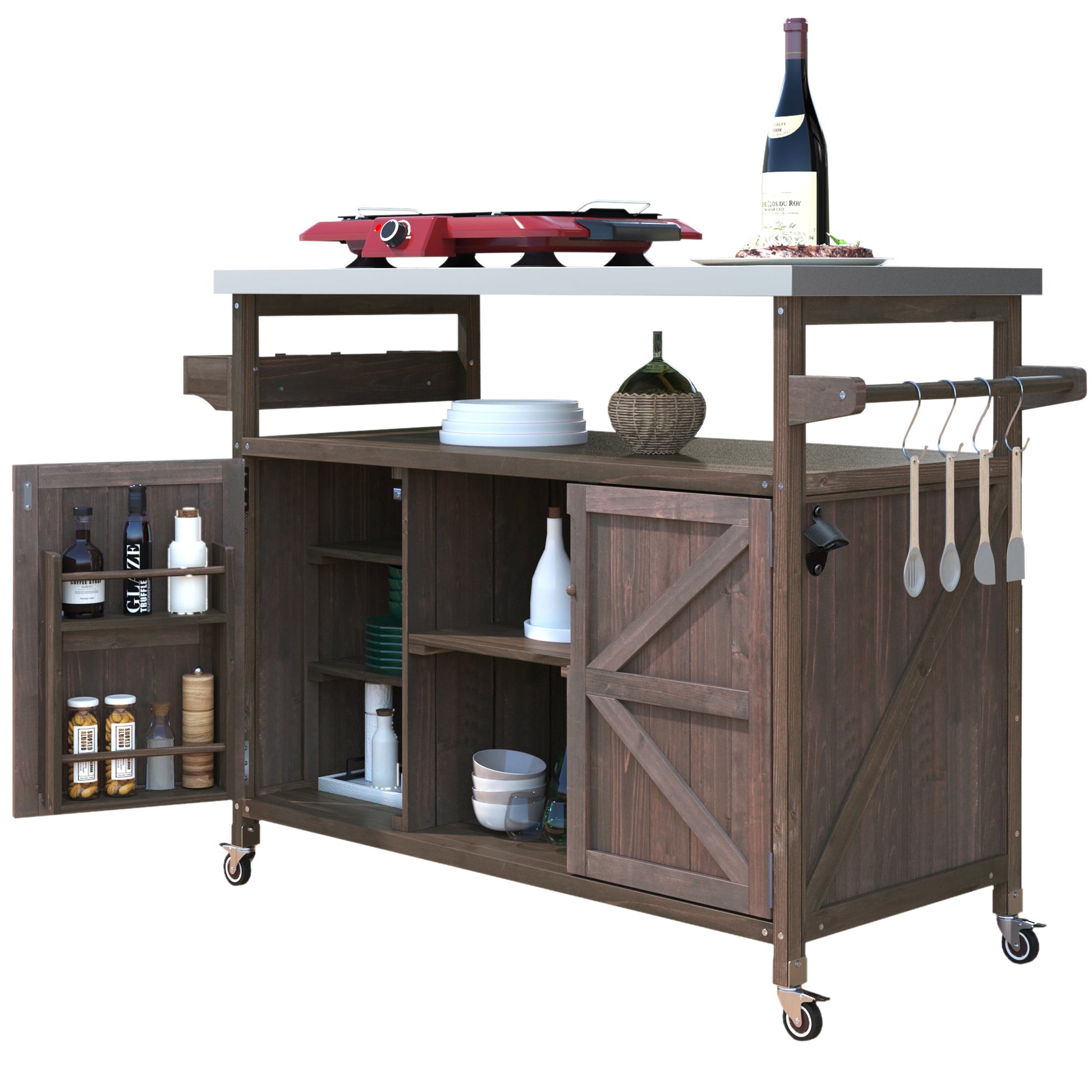 Outdoor Grill Cart with Stainless Steel Top – Rustic BBQ Kitchen Island on Wheels - 1st Choice Furniture Direct