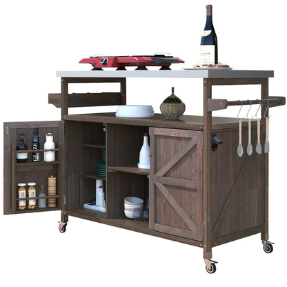 Outdoor Grill Cart with Stainless Steel Top – Rustic BBQ Kitchen Island on Wheels - 1st Choice Furniture Direct