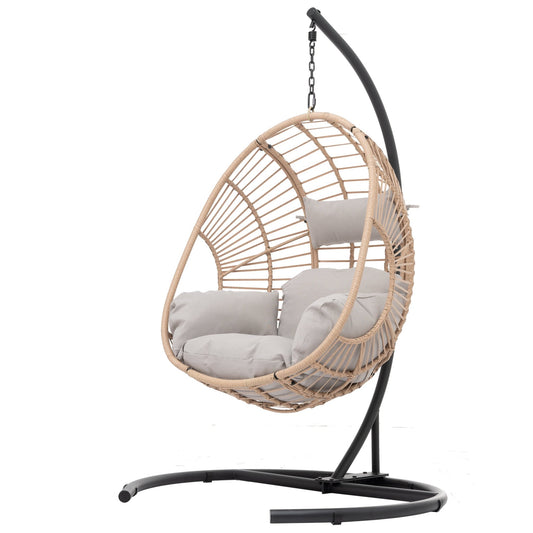 Outdoor Indoor Swing Egg Chair Natural color wicker with beige cushion - 1st Choice Furniture Direct