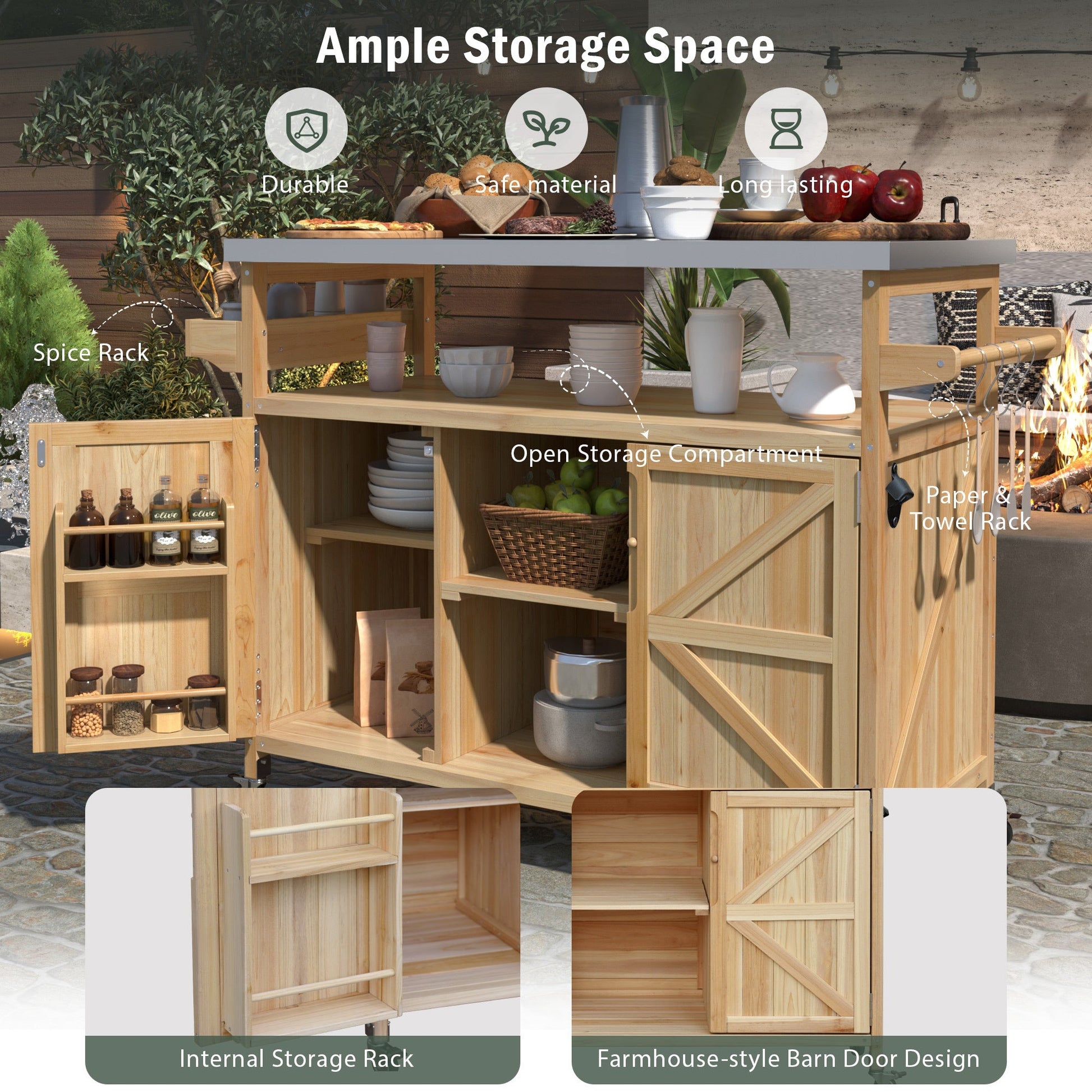 Outdoor Kitchen Island Cart with Stainless Steel Top & Storage - 1st Choice Furniture Direct