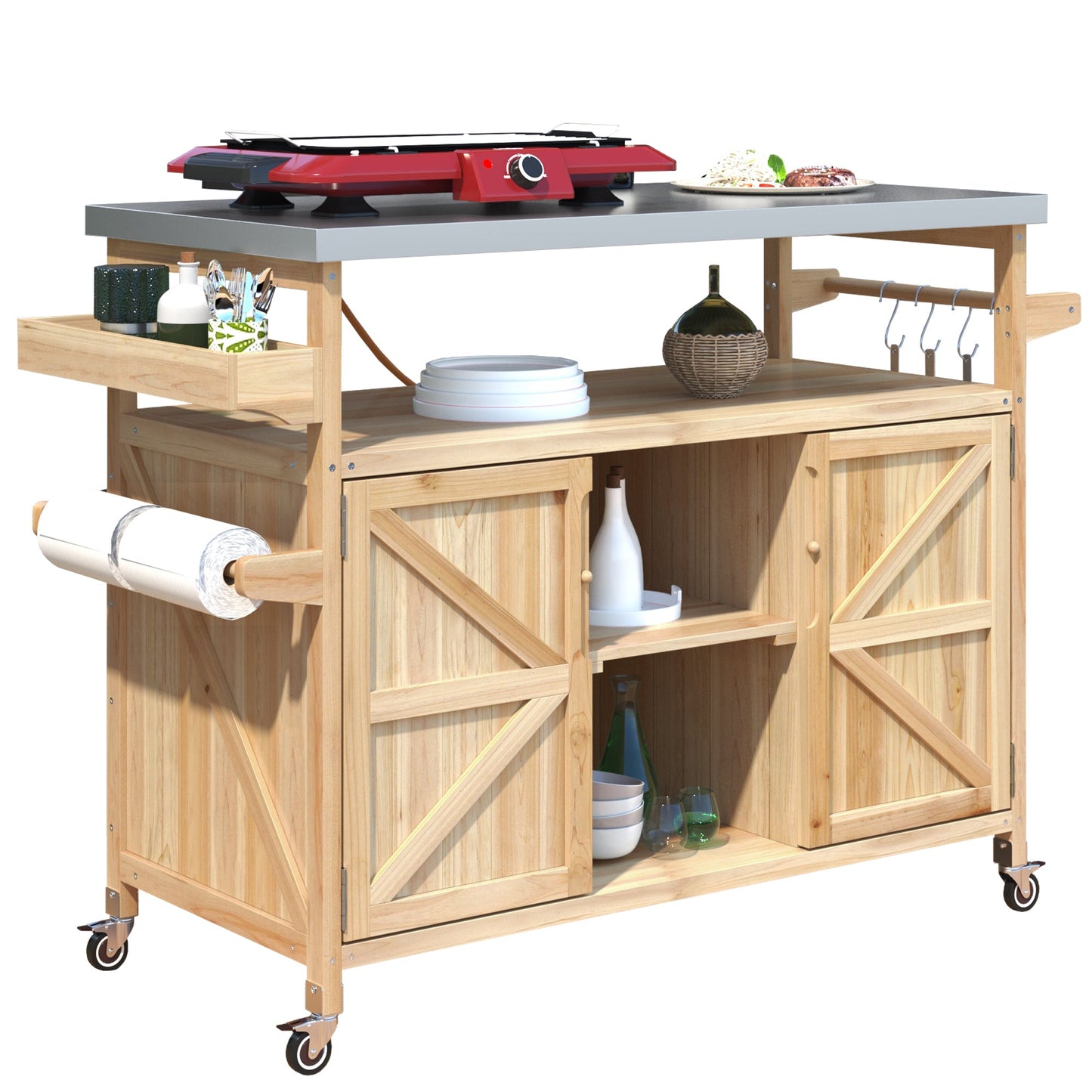 Outdoor Kitchen Island Cart with Stainless Steel Top & Storage - 1st Choice Furniture Direct