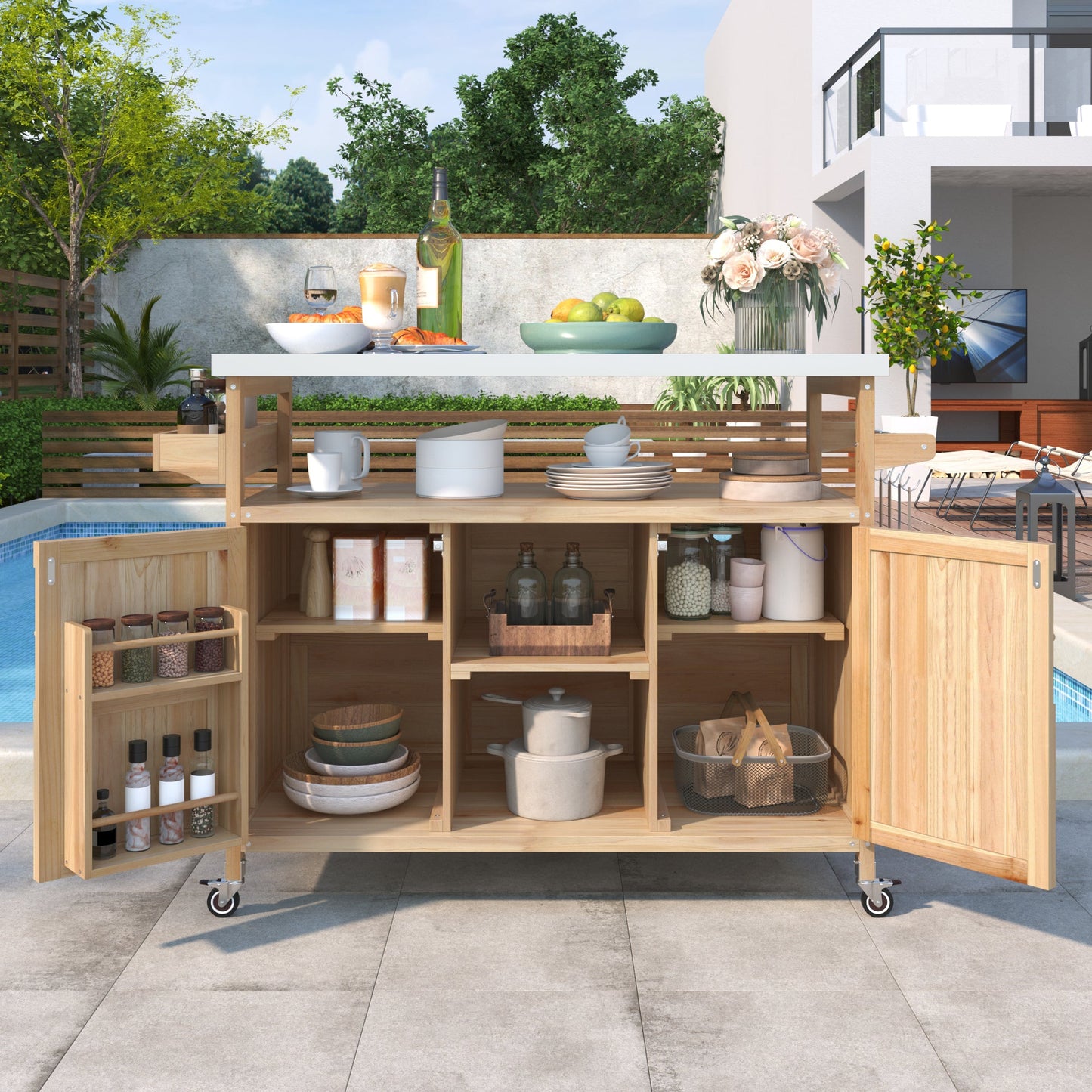 Outdoor Kitchen Island Cart with Stainless Steel Top & Storage - 1st Choice Furniture Direct