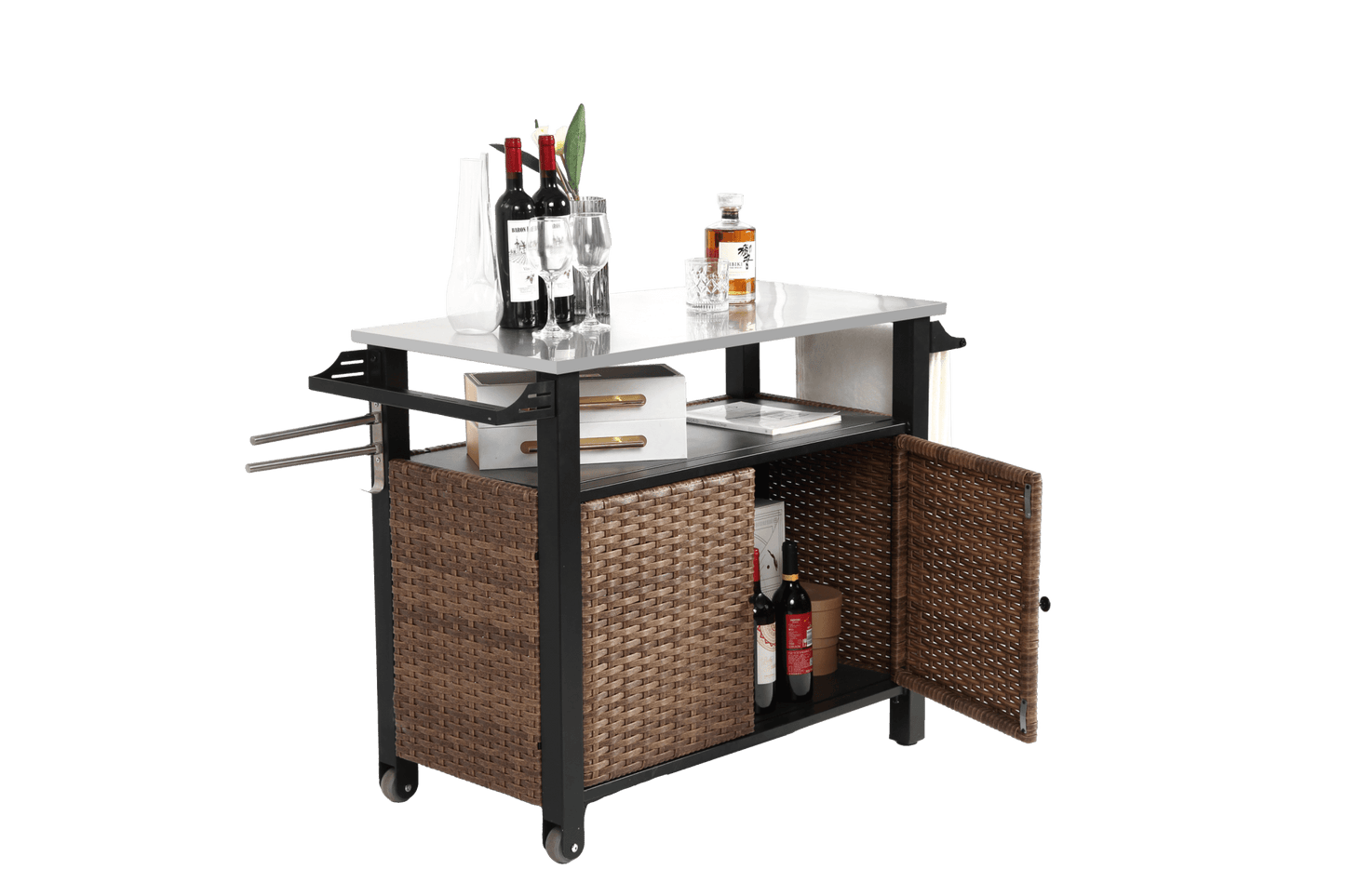 Outdoor Kitchen Wicker Island Rolling Cart & Storage Cabinet, Wheels and Stainless Steel Extended Table Top, Side Handle for Patio Kitchen or Bar Cart, Brown - 1st Choice Furniture Direct