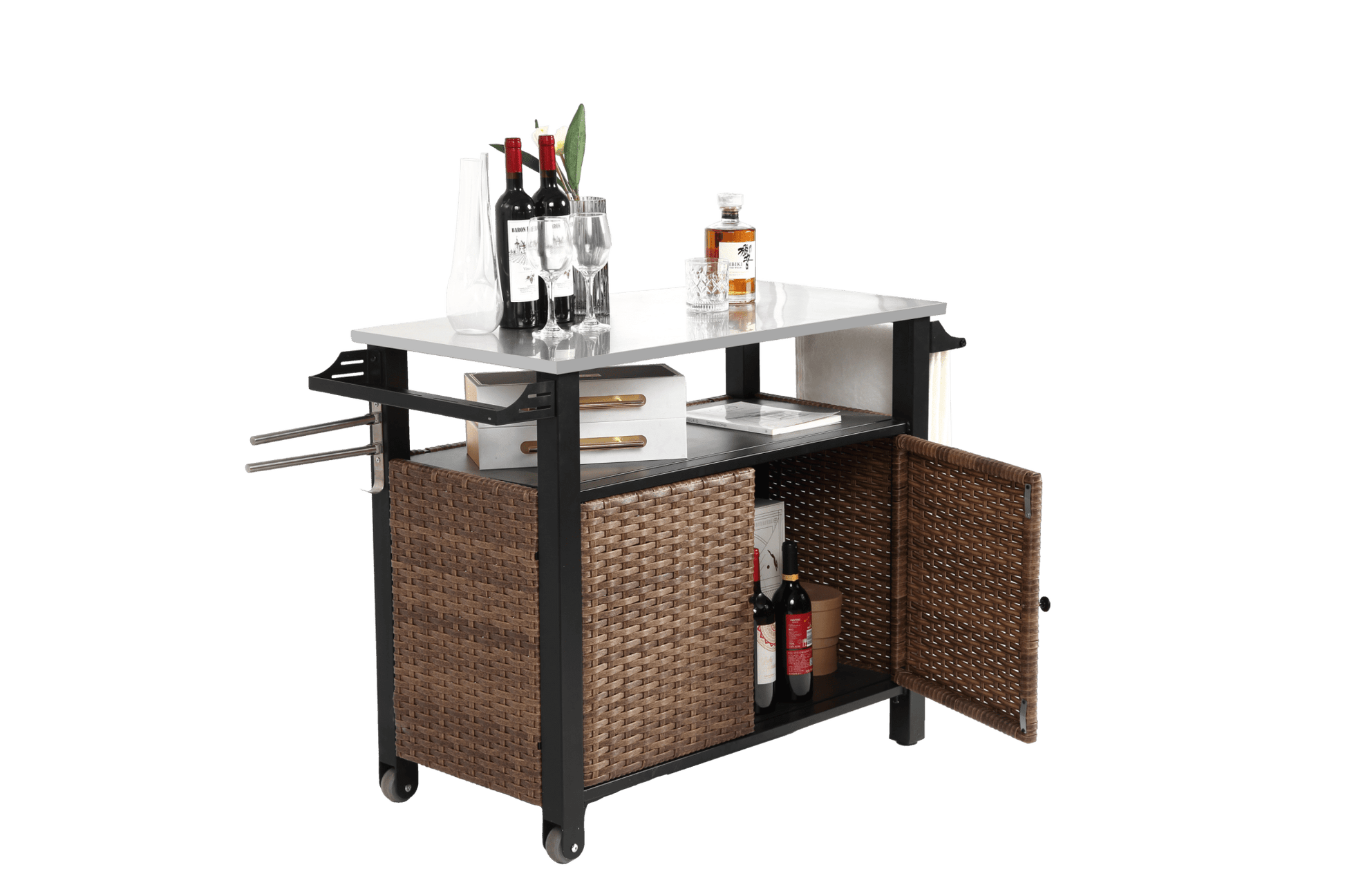 Outdoor Kitchen Wicker Island Rolling Cart & Storage Cabinet, Wheels and Stainless Steel Extended Table Top, Side Handle for Patio Kitchen or Bar Cart, Brown - 1st Choice Furniture Direct