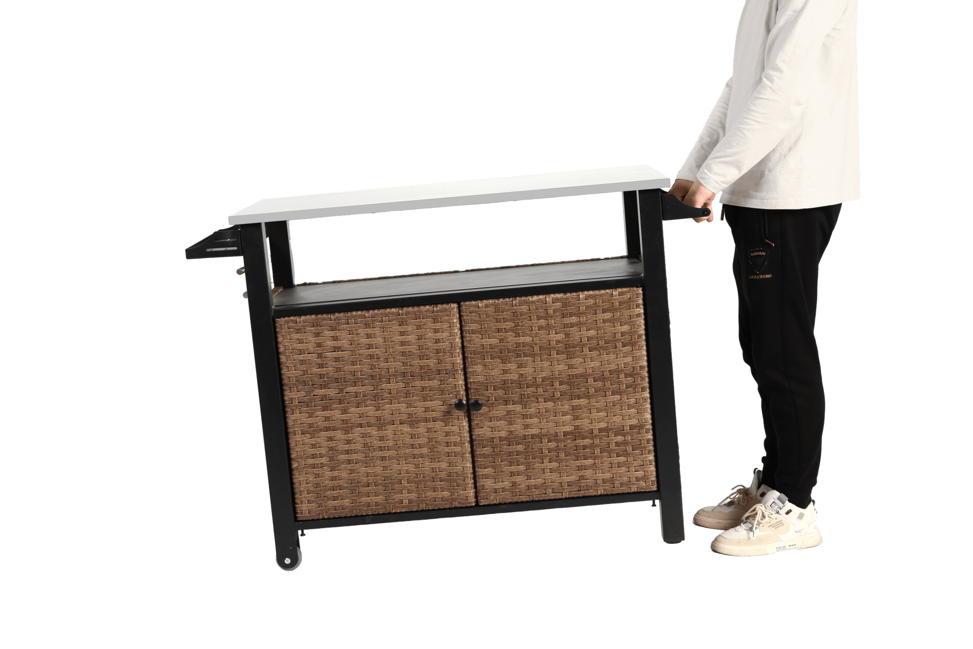 Outdoor Kitchen Wicker Island Rolling Cart & Storage Cabinet, Wheels and Stainless Steel Extended Table Top, Side Handle for Patio Kitchen or Bar Cart, Brown - 1st Choice Furniture Direct