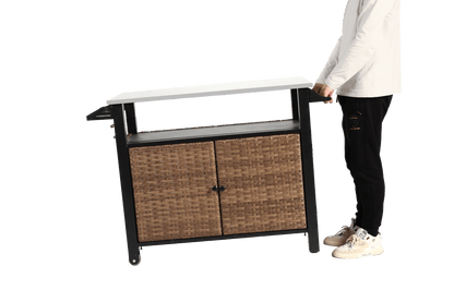 Outdoor Kitchen Wicker Island Rolling Cart & Storage Cabinet, Wheels and Stainless Steel Extended Table Top, Side Handle for Patio Kitchen or Bar Cart, Brown - 1st Choice Furniture Direct