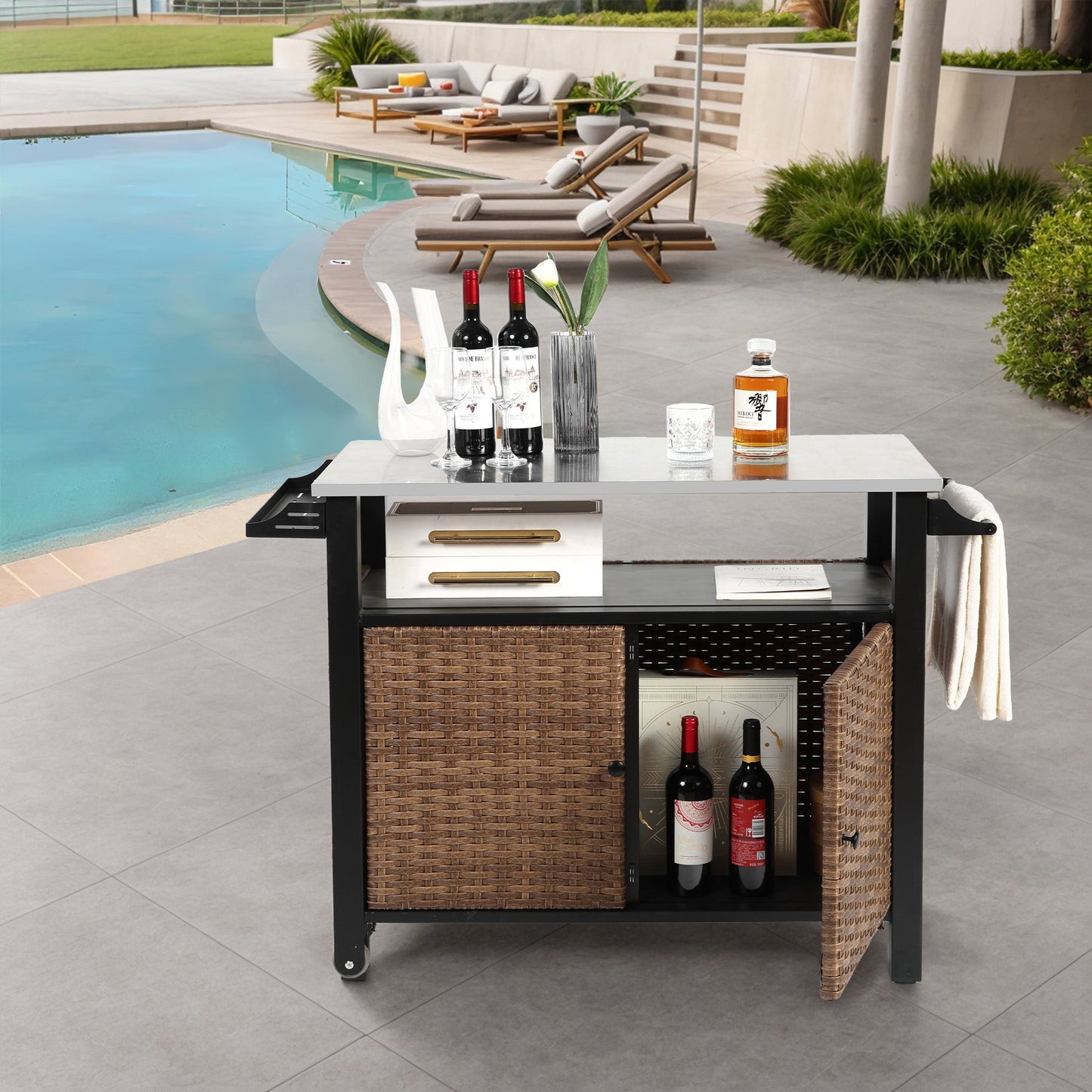 Outdoor Kitchen Wicker Island Rolling Cart & Storage Cabinet, Wheels and Stainless Steel Extended Table Top, Side Handle for Patio Kitchen or Bar Cart, Brown - 1st Choice Furniture Direct