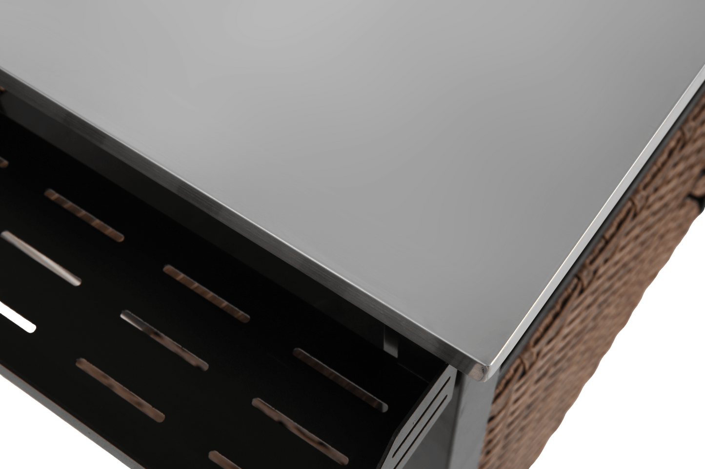 Outdoor Kitchen Wicker Island Rolling Cart & Storage Cabinet, Wheels and Stainless Steel Extended Table Top, Side Handle for Patio Kitchen or Bar Cart, Brown - 1st Choice Furniture Direct