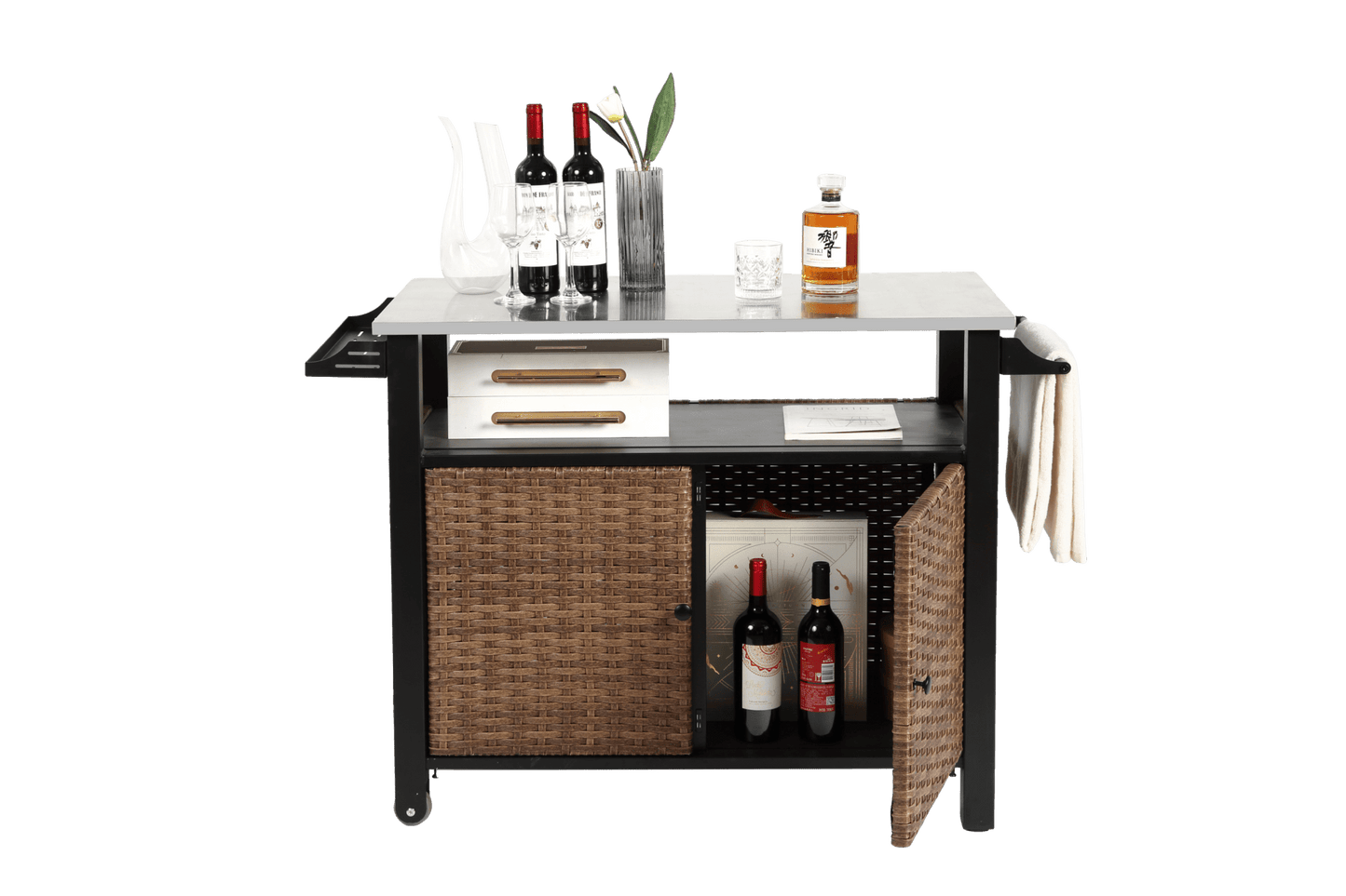 Outdoor Kitchen Wicker Island Rolling Cart & Storage Cabinet, Wheels and Stainless Steel Extended Table Top, Side Handle for Patio Kitchen or Bar Cart, Brown - 1st Choice Furniture Direct