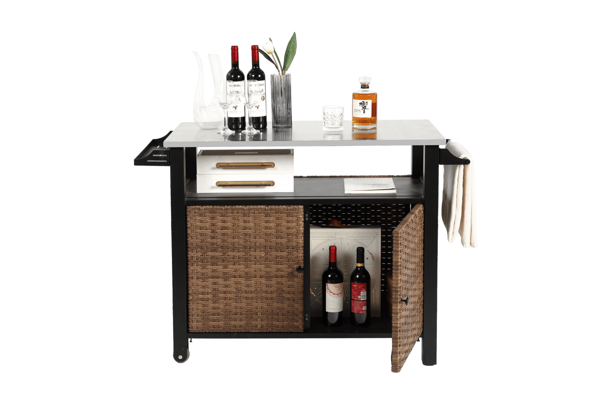 Outdoor Kitchen Wicker Island Rolling Cart & Storage Cabinet, Wheels and Stainless Steel Extended Table Top, Side Handle for Patio Kitchen or Bar Cart, Brown - 1st Choice Furniture Direct