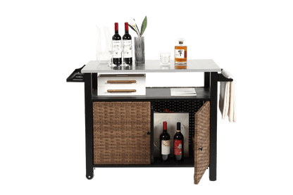 Outdoor Kitchen Wicker Island Rolling Cart & Storage Cabinet, Wheels and Stainless Steel Extended Table Top, Side Handle for Patio Kitchen or Bar Cart, Brown - 1st Choice Furniture Direct