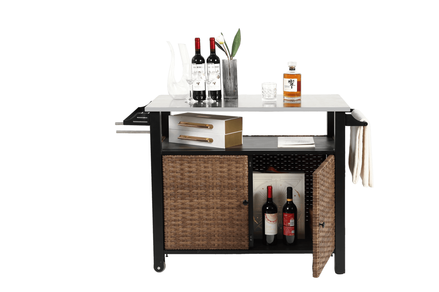 Outdoor Kitchen Wicker Island Rolling Cart & Storage Cabinet, Wheels and Stainless Steel Extended Table Top, Side Handle for Patio Kitchen or Bar Cart, Brown - 1st Choice Furniture Direct