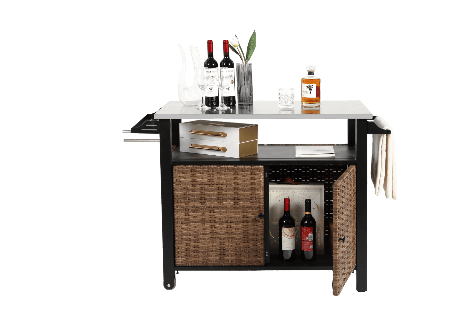Outdoor Kitchen Wicker Island Rolling Cart & Storage Cabinet, Wheels and Stainless Steel Extended Table Top, Side Handle for Patio Kitchen or Bar Cart, Brown - 1st Choice Furniture Direct