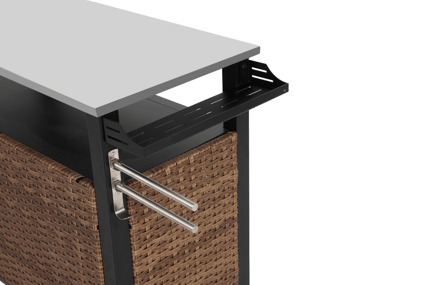Outdoor Kitchen Wicker Island Rolling Cart & Storage Cabinet, Wheels and Stainless Steel Extended Table Top, Side Handle for Patio Kitchen or Bar Cart, Brown - 1st Choice Furniture Direct
